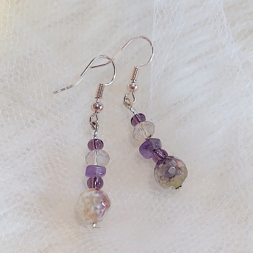 New Handmade Beaded Earrings Amethyst Natural Healing Gemstones, Hypoallergenic